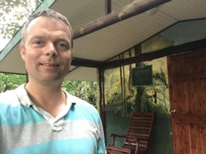 In front of mangrove bungalow, Puerto Jimenez, Costa Rica.